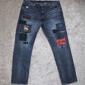 Polo Ralph Lauren Jeans Mens 42Tx36 Black Varick Slim Straight Distressed Patch